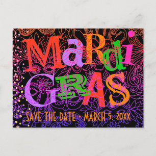 Mardi Gras maskiert farbenfrohe Typografie Save th Einladungspostkarte