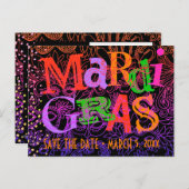 Mardi Gras maskiert farbenfrohe Typografie Save th Einladungspostkarte (Vorne/Hinten)