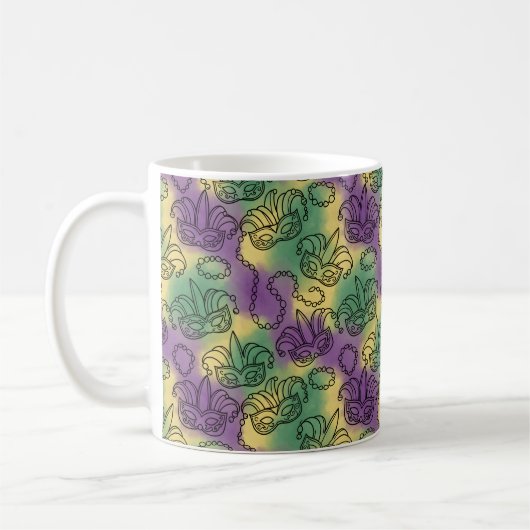 Mardi Gras Masks and Beads Doodle Art Style Kaffeetasse (Links)