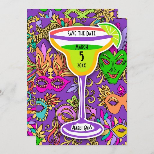 Mardi Gras Masks Farbeni Martini Save the Date Einladung (Vorne/Hinten)