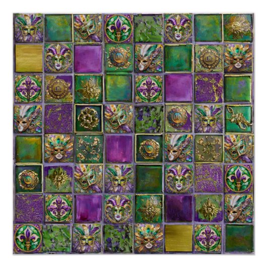Mardi Gras Masks Feathers Lilie Tile Print Poster (Vorderseite)