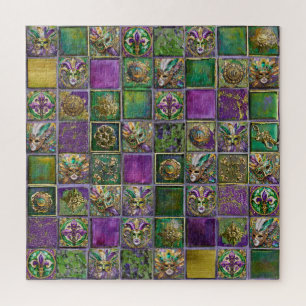 Mardi Gras Masks Feathers Lilie Tile Print Puzzle