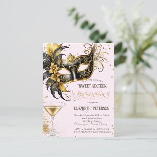 Mardi Gras Masque Diamonds Champagne Sweet 16 Einladungspostkarte (Stehend Vorderseite)