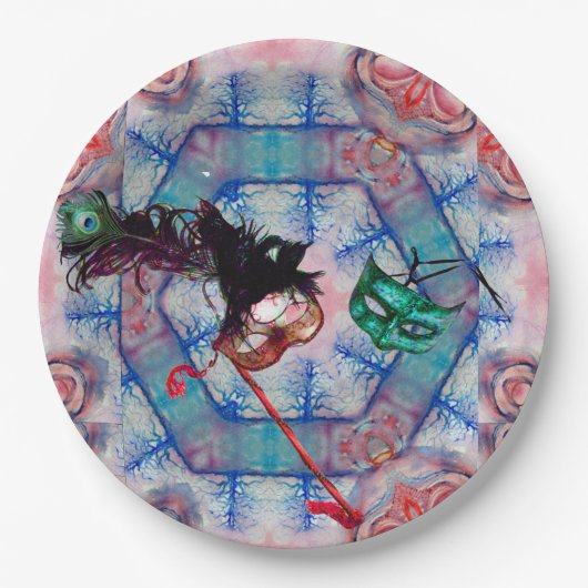 MARDI GRAS MASQUERADE BALL MASK Blau rosa lila Pappteller (Vorderseite)