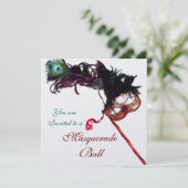 MARDI GRAS MASQUERADE BALL Red Green Fether Masken Einladung (Stehend Vorderseite)