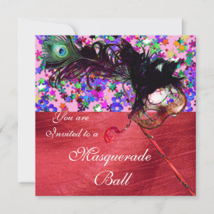 MARDI GRAS MASQUERADE & CONFETTI roter Seide Einladung
