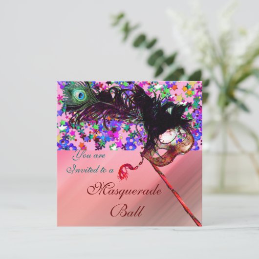 MARDI GRAS MASQUERADE & CONFETTI Seide Einladung (Stehend Vorderseite)