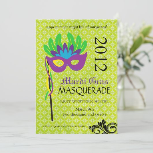 Mardi Gras Masquerade Einladung (Stehend Vorderseite)