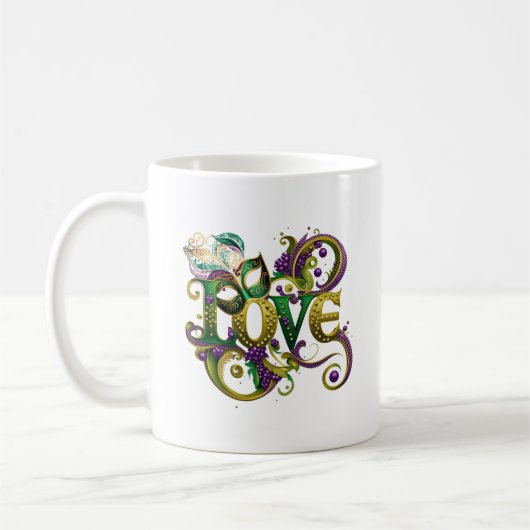 Mardi Gras Masquerade Mask Word LIEBE Celebration Kaffeetasse (Links)