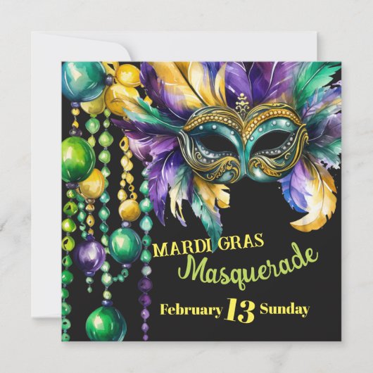 Mardi Gras Masquerade Maske and Beads Party Einladung (Vorderseite)