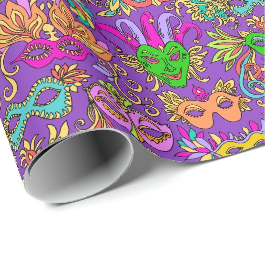 Mardi Gras Masquerade Masken Bright Lila Green Geschenkpapier (Rolleneckpunkt)