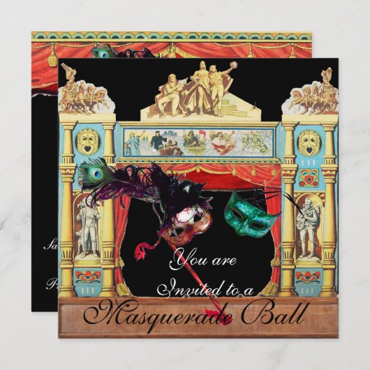 MARDI GRAS MASQUERADE MASKS PUPPET THEATER BÜHNE EINLADUNG (Vorne/Hinten)