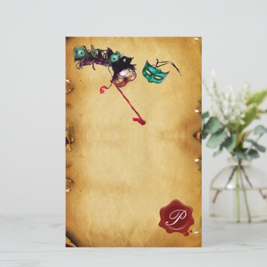 MARDI GRAS MASQUERADE Parchment Wax Siegel Monogra Briefpapier (Stehend Vorderseite)