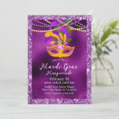 Mardi Gras Masquerade Party auf Lila Einladung (Stehend Vorderseite)