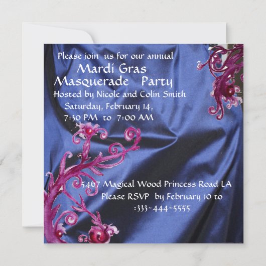 MARDI GRAS MASQUERADE PARTY, BLUE SILK CLOTH EINLADUNG (Rückseite)