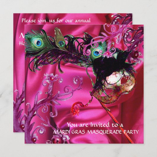 MARDI GRAS MASQUERADE PARTY, FUCHSIA SILK CLOTH EINLADUNG (Vorne/Hinten)