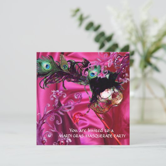 MARDI GRAS MASQUERADE PARTY, FUCHSIA SILK CLOTH EINLADUNG (Stehend Vorderseite)