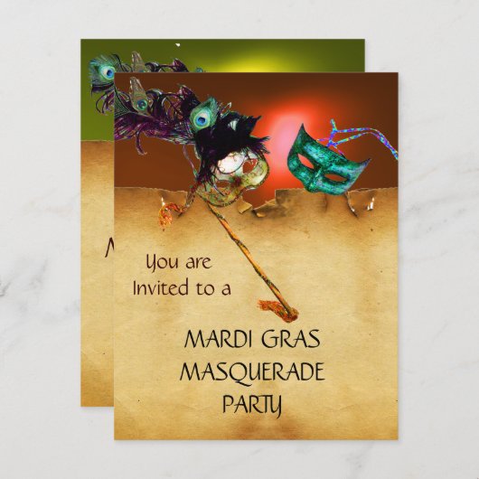 MARDI GRAS MASQUERADE PARTY, gelb Einladung (Vorne/Hinten)