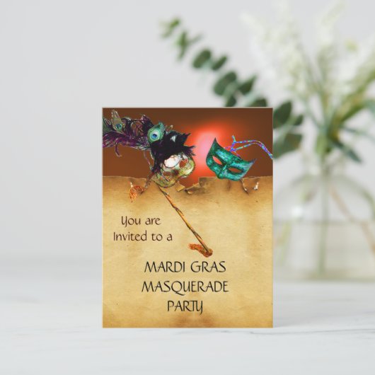 MARDI GRAS MASQUERADE PARTY, gelb orange Einladung (Stehend Vorderseite)
