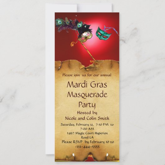 MARDI GRAS MASQUERADE PARTY, rot lila Einladung (Rückseite)