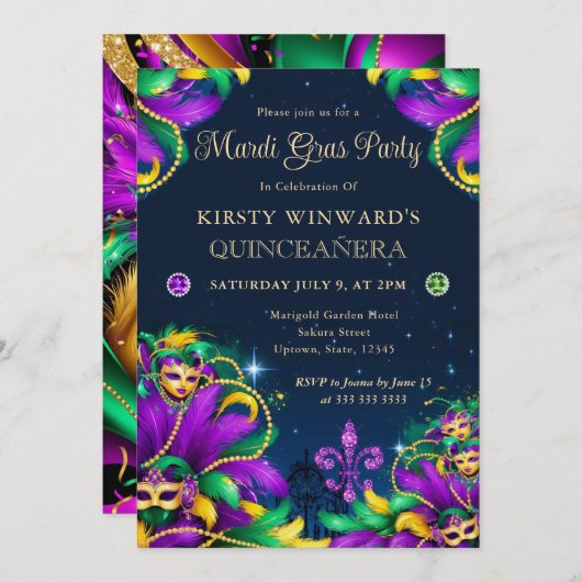 Mardi Gras Masquerade Quinceanera Einladung (Vorne/Hinten)