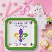 Mardi Gras NAME Green Gold Purple Fleur de Lis Pappteller (Party)