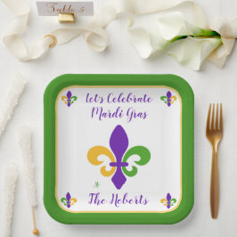 Mardi Gras NAME Green Gold Purple Fleur de Lis Pappteller