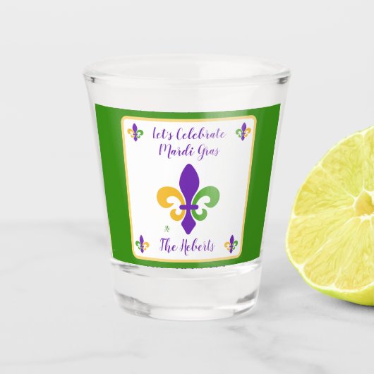 Mardi Gras NAME Green Gold Purple Fleur de Lis Schnapsglas (Vorderseite)
