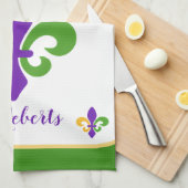 Mardi Gras NAME Grün Gold Lila Fleur de Lis Geschirrtuch (Viertel Falte)