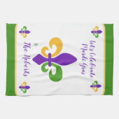 Mardi Gras NAME Grün Gold Lila Fleur de Lis Geschirrtuch (Horizontal)