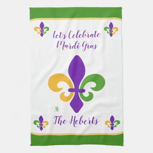 Mardi Gras NAME Grün Gold Lila Fleur de Lis Geschirrtuch (Vertikal)