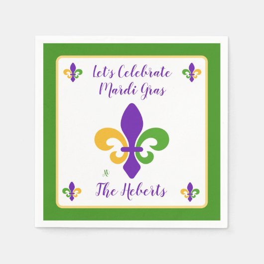 Mardi Gras NAME Grün Gold Lila Fleur de Lis Serviette (Vorderseite)