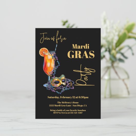 Mardi Gras New Orleans Abend Party Einladung (Stehend Vorderseite)