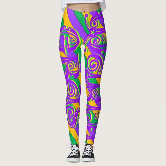 Mardi Gras New Orleans Lila, grüner Gelber Text Leggings (Vorderseite)