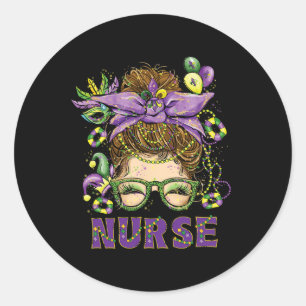 Mardi Gras Nurse Messy Bun Maske Beads Funny Mardi Runder Aufkleber