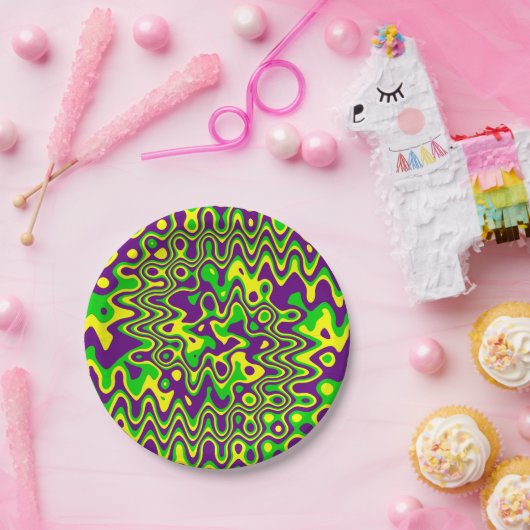 [Mardi Gras Op-Art] Lila-Gelb Pappteller (Party)