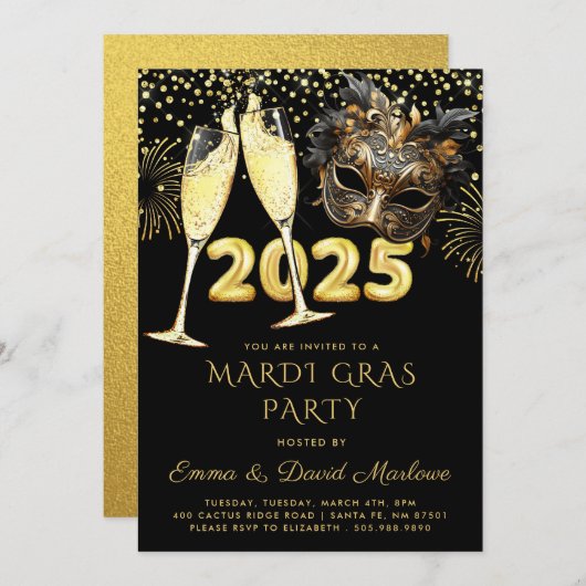 Mardi Gras Party 2025 Black Gold Glitzer Einladung (Vorne/Hinten)