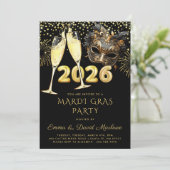 Mardi Gras Party 2026 Black Gold Glitter Einladung (Stehend Vorderseite)