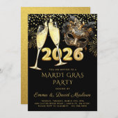 Mardi Gras Party 2026 Black Gold Glitter Einladung (Vorne/Hinten)