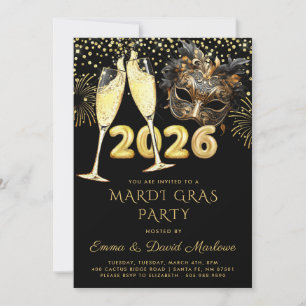 Mardi Gras Party 2026 Schwarz Gold Glitter Einladung
