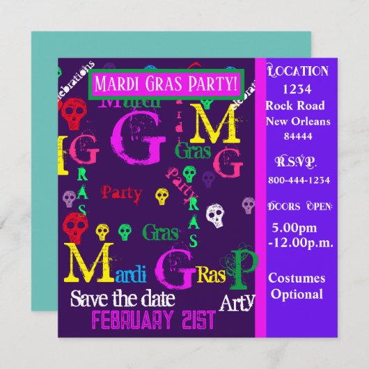 MARDI GRAS PARTY EINLADUNG (Vorne/Hinten)