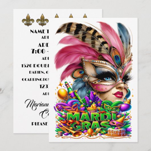Mardi Gras - Party Einladung (Vorne/Hinten)