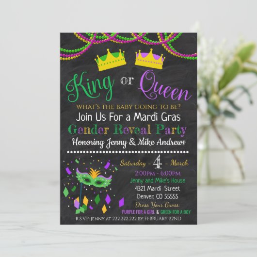 Mardi Gras Party Einladung der Geschlechterperspek (Stehend Vorderseite)