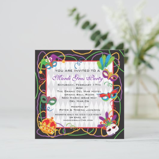 Mardi Gras Party Einladung mit Masken und Perlen (Stehend Vorderseite)