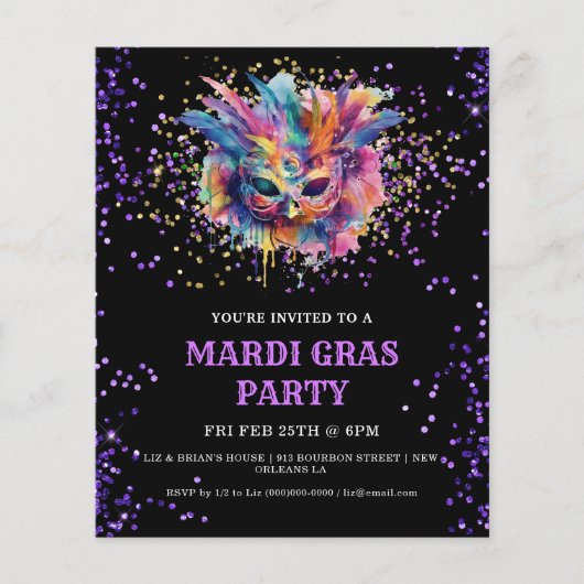 Mardi Gras Party Glitzer Einladung (Vorderseite)