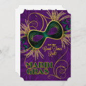 Mardi Gras-Party in Lila Gold Green Einladung (Vorne/Hinten)