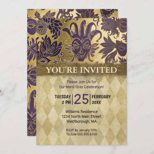 Mardi Gras Party Lila Imitat Goldmakrele Einladung (Vorne/Hinten)