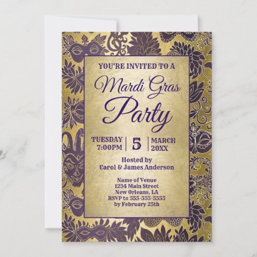 Mardi Gras Party Lila Imitate Goldmaske Einladung (Vorderseite)