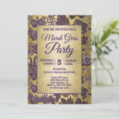 Mardi Gras Party Lila Imitate Goldmaske Einladung (Stehend Vorderseite)