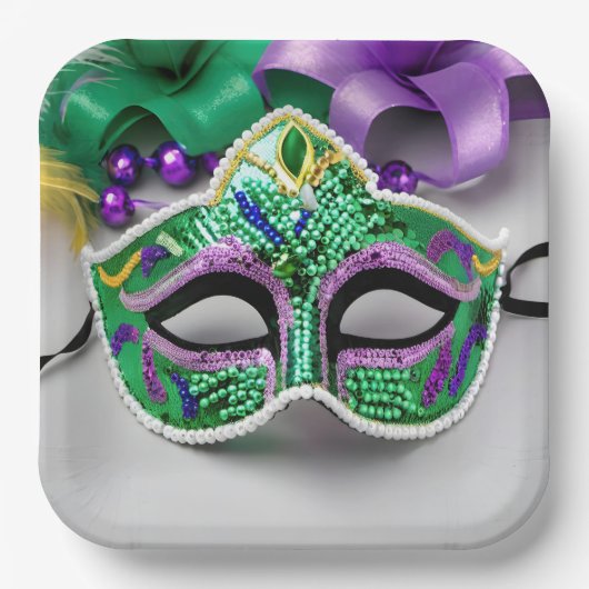 Mardi Gras Party Maske und Perlen Pappteller (Vorderseite)